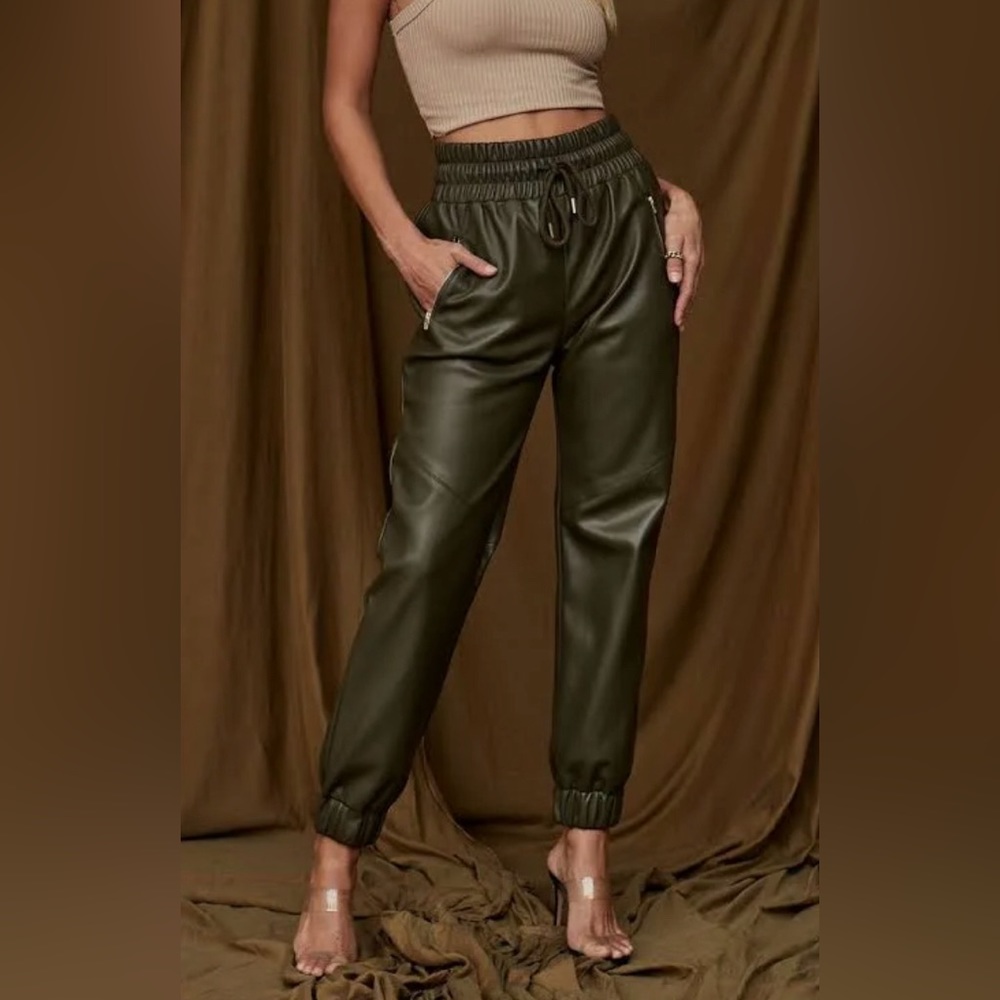 Olive vegan leather joggers